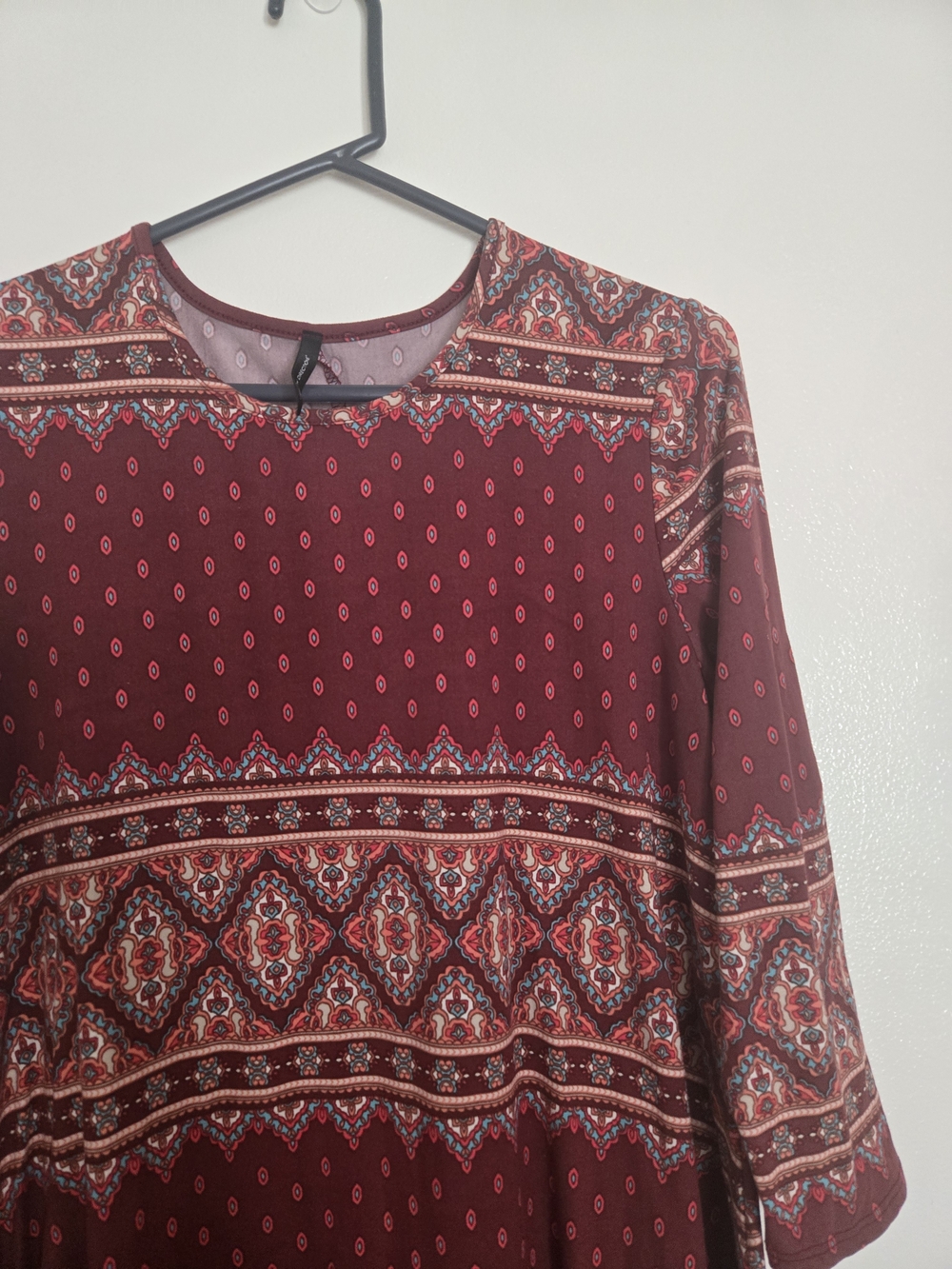 4/$15 Boho Printed Long Sleeve Swing Dress - Burgundy Retro Cottagecore - Picture 4 of 7